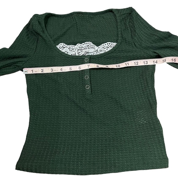 Forest Green Honeycomb Long Sleeve Button Henley Top with Peekaboo Lace - Picture 6 of 8